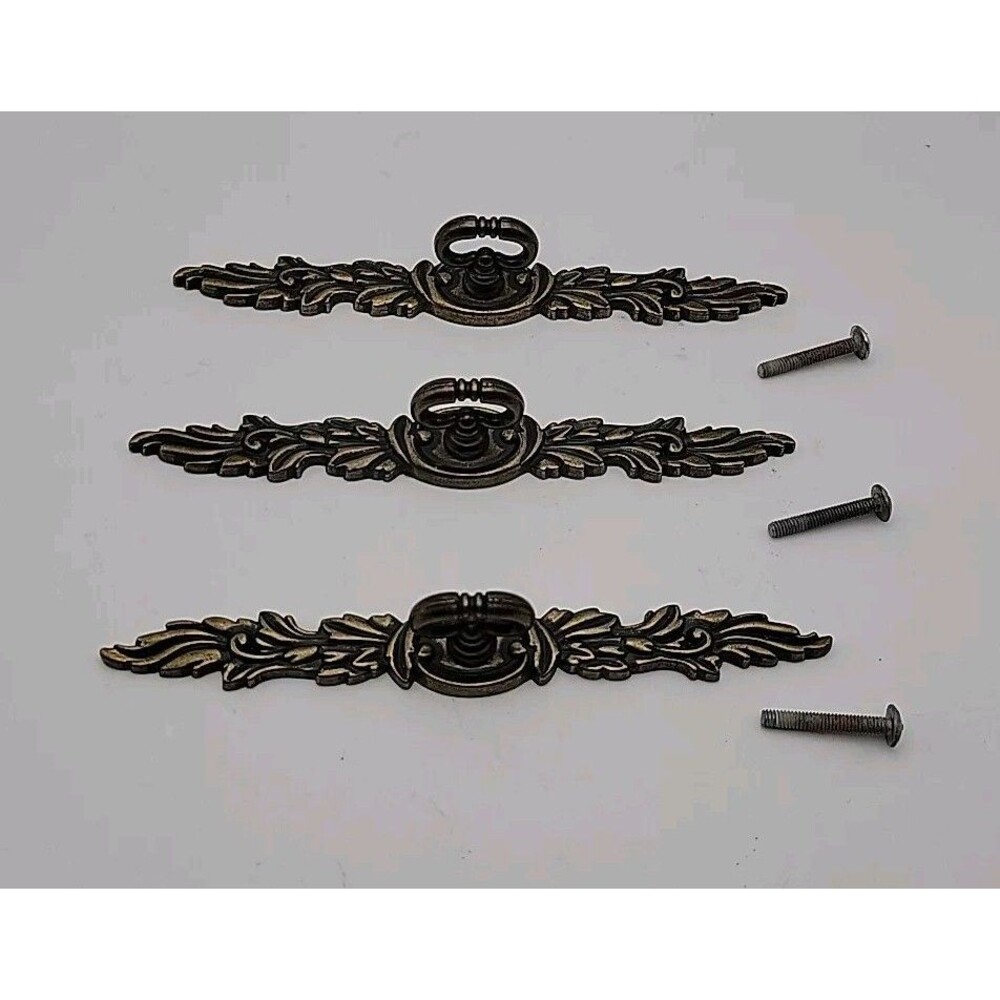 3 Vintage Ornate Brass Cabinet Armoire Dresser Sideboard Door Handle 6½" Long
